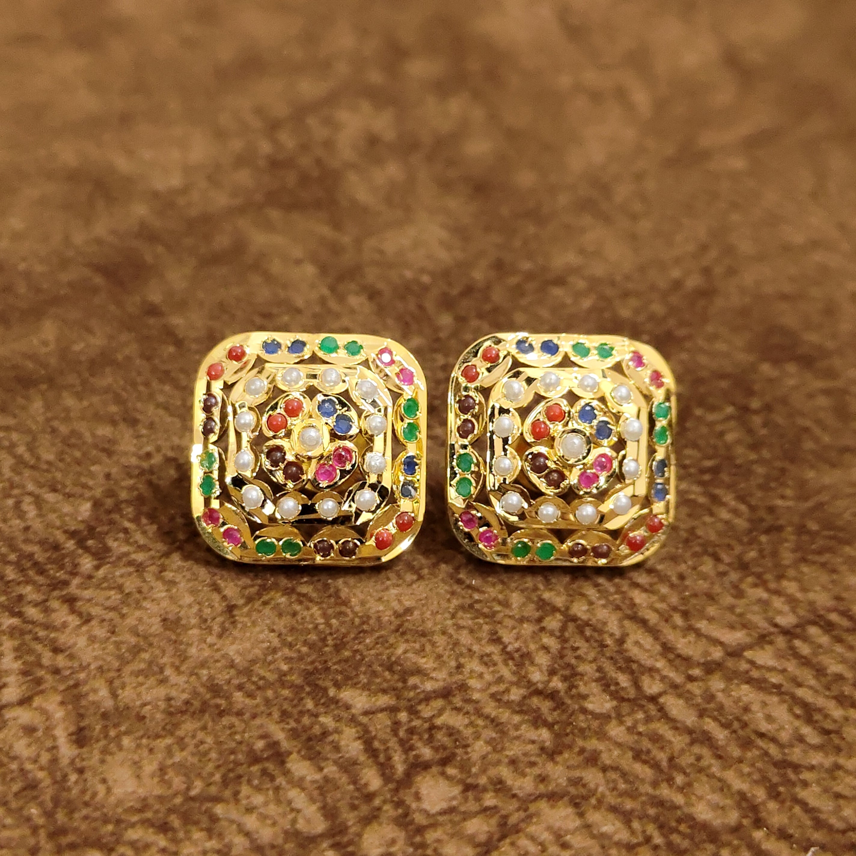 Navratna Square Stud Earrings Multicolor Designer Artificial Jewellery by Sanvi Jewels