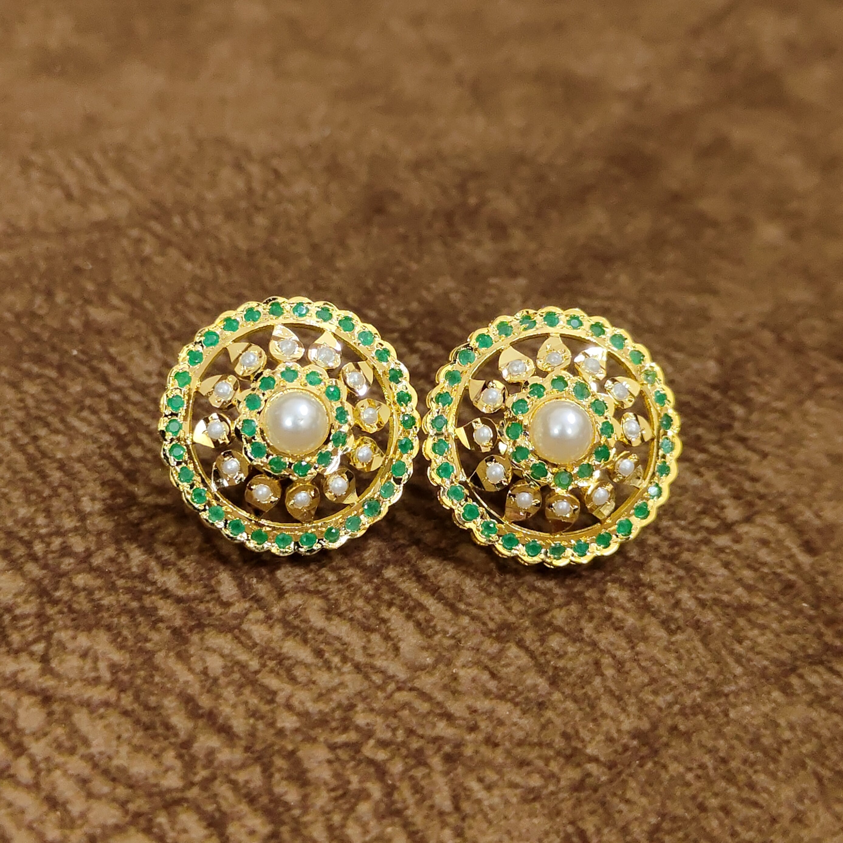 Emerald Pearl Temple Stud Earrings Designer Artificial Jewellery by Sanvi Jewels