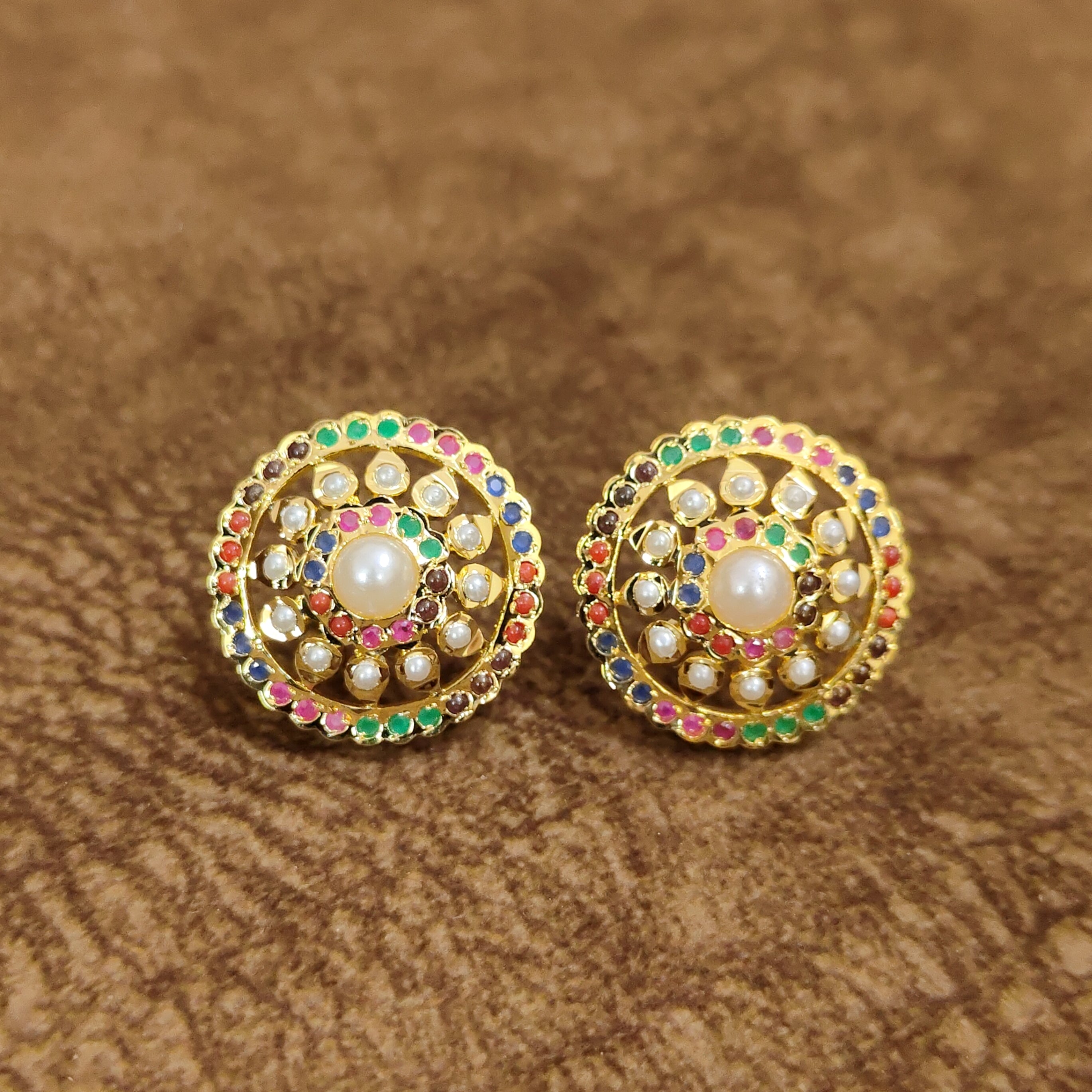 Navratna Pearl Temple Stud Earrings Multicolor Designer Artificial Jewellery by Sanvi Jewels
