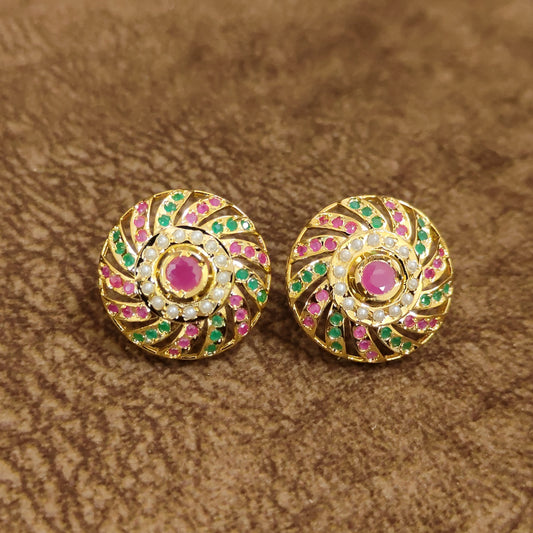 Navratna Ruby Swirl Jadau Stud Earrings – Multicolor Designer Artificial Jewellery | Sanvi Jewels