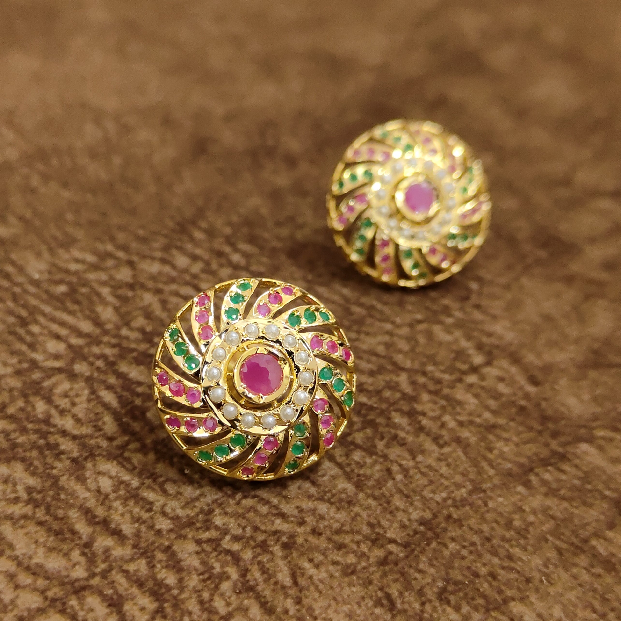 Navratna Ruby Swirl Temple Stud Earrings Multicolor Designer Artificial Jewellery by Sanvi Jewels
