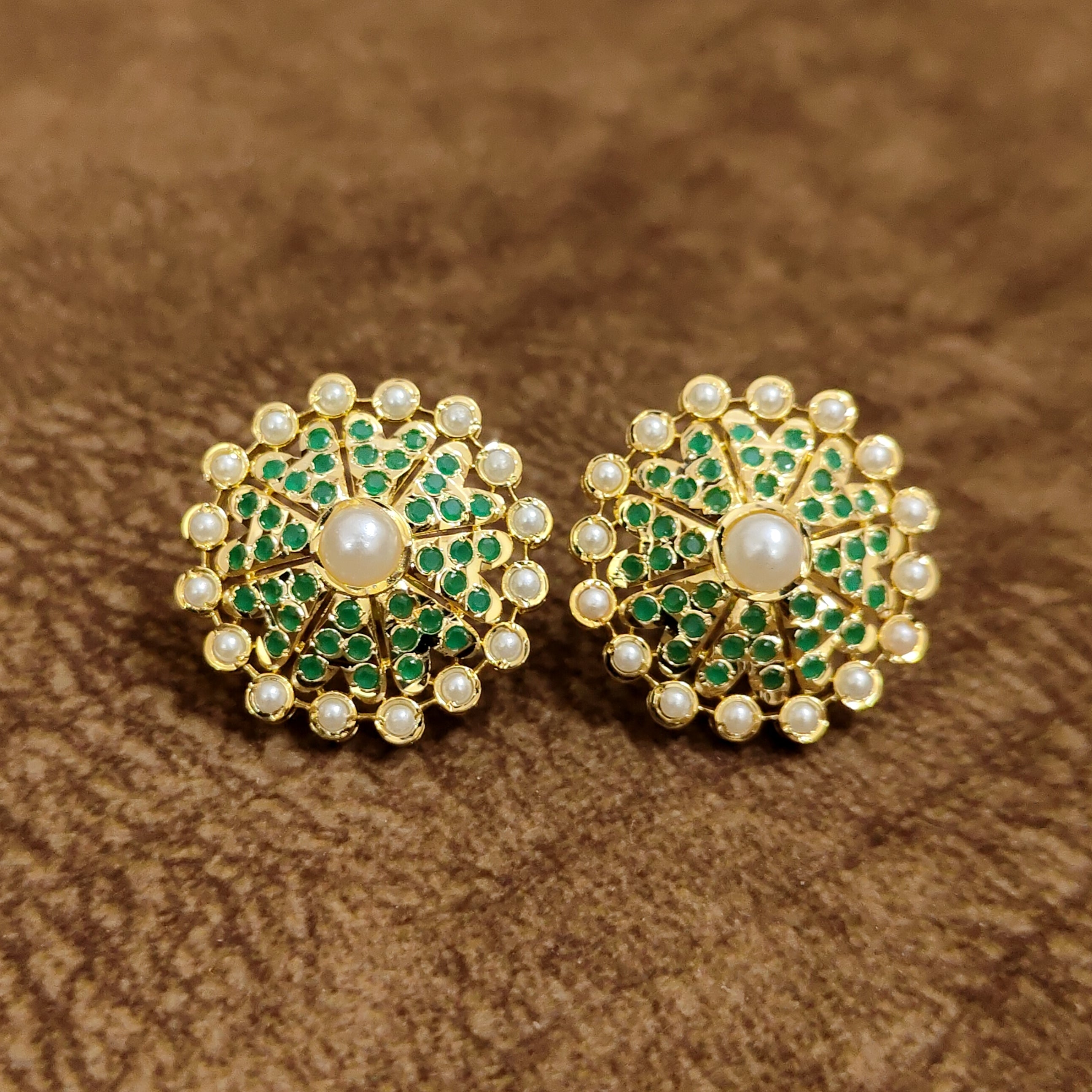 Emerald Green Pearl Floral Stud Earrings Designer Artificial Jewellery by Sanvi Jewels