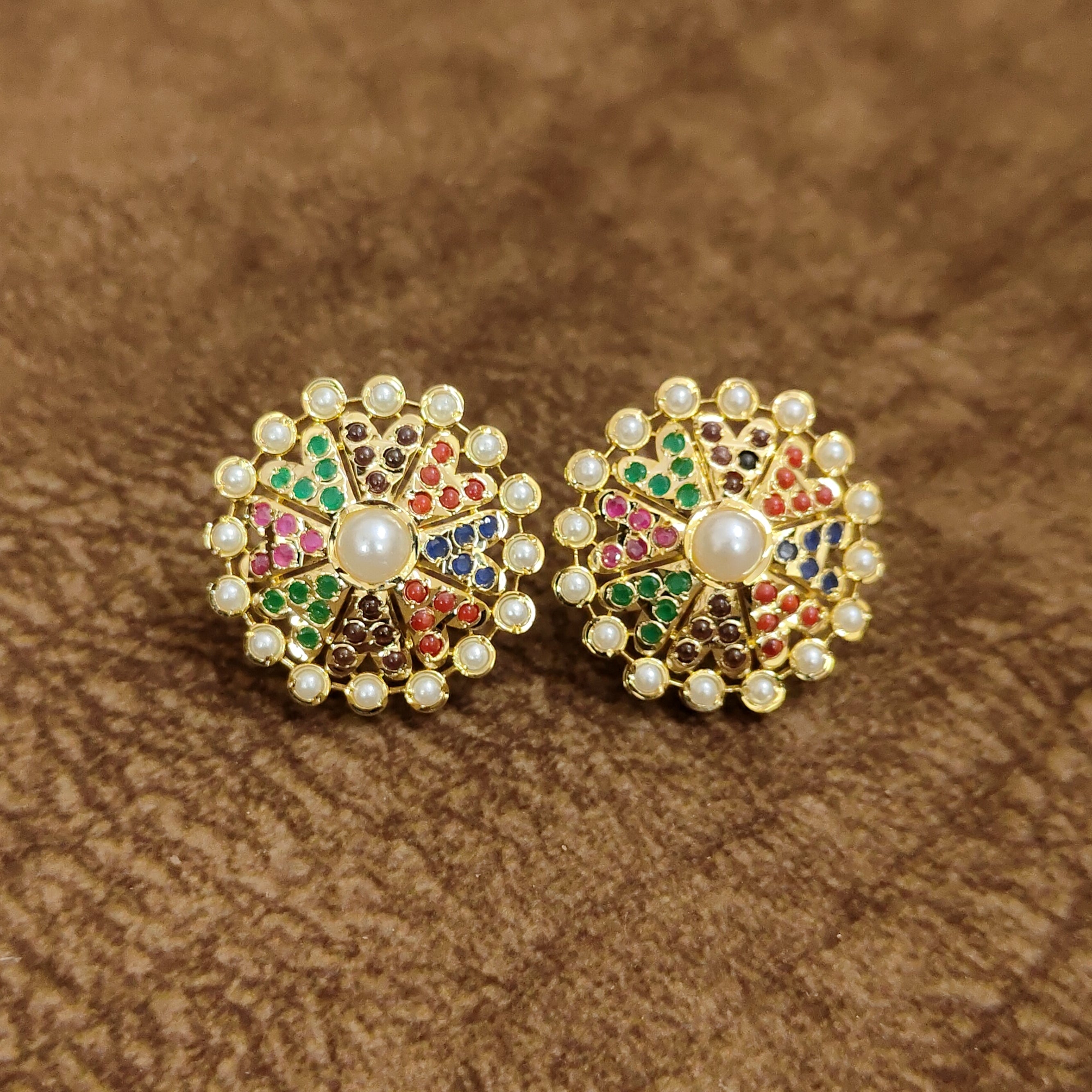 Navratna Pearl Floral Stud Earrings Multicolor Designer Artificial Jewellery by Sanvi Jewels