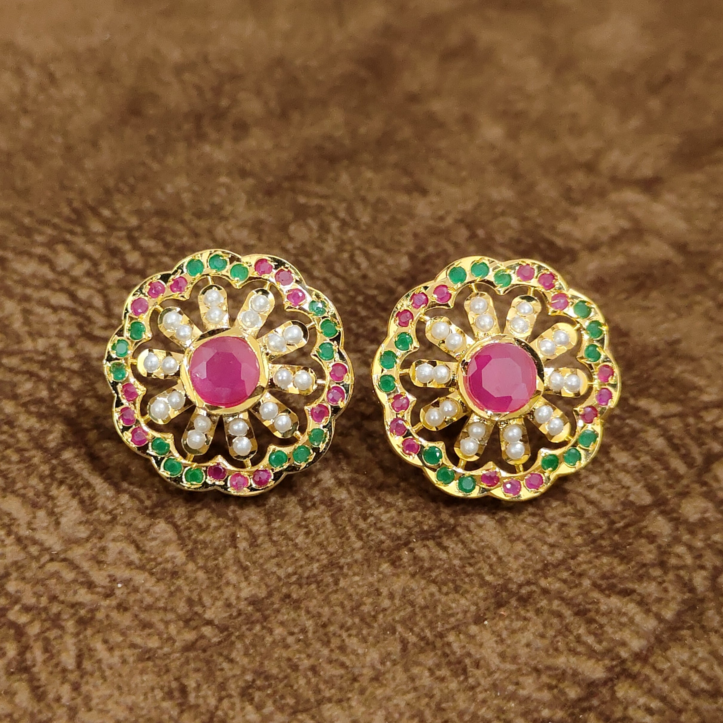 Ruby Pearl Floral Stud Earrings Designer Artificial Jewellery by Sanvi Jewels