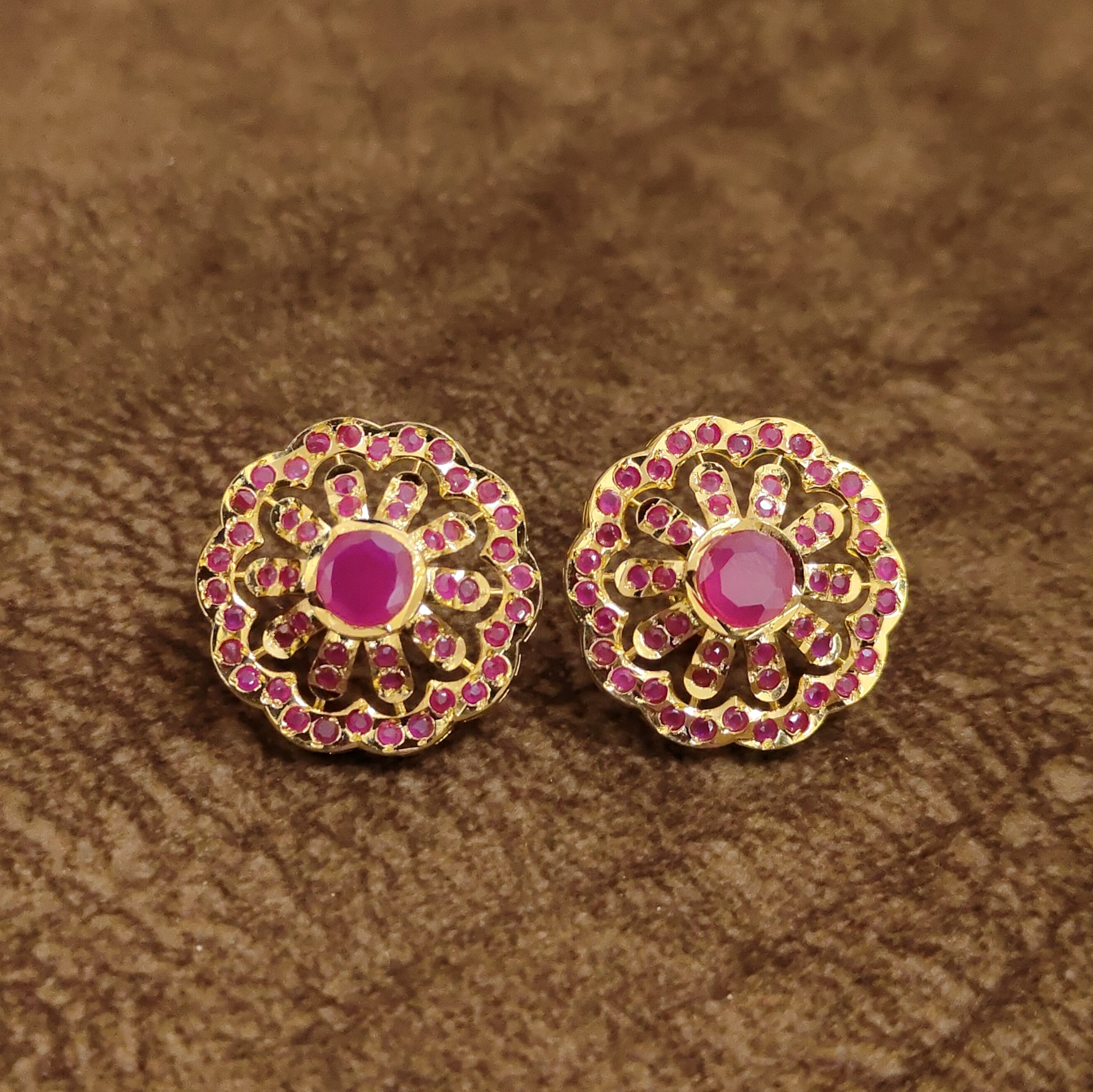 Ruby Floral Halo Stud Earrings Designer Artificial Jewellery by Sanvi Jewels