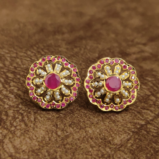 Ruby Pearl Floral Stud Earrings Designer Artificial Jewellery by Sanvi Jewels