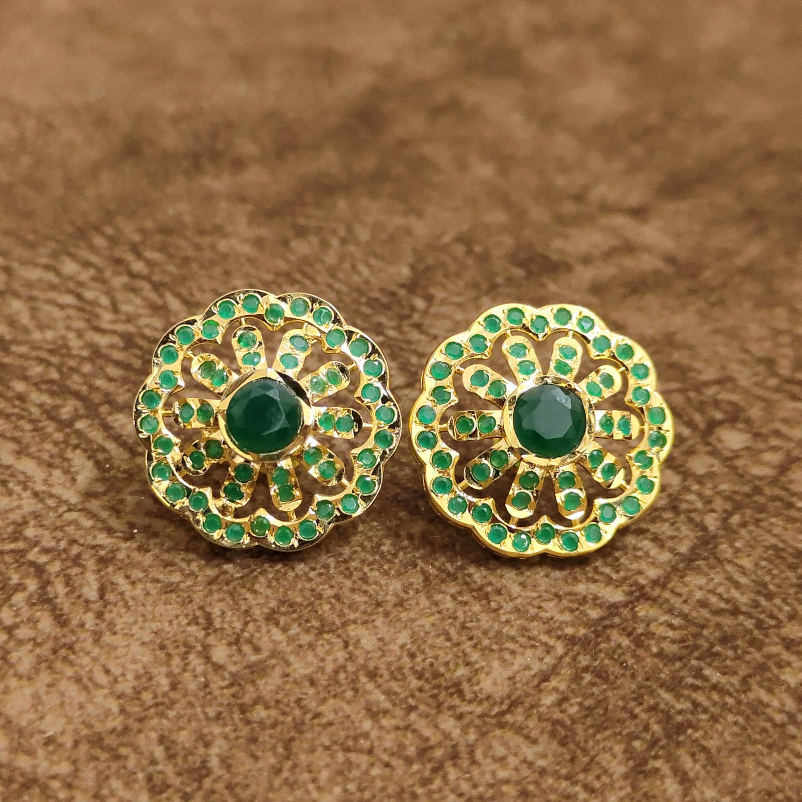 Emerald Green Floral Stud Earrings Designer Artificial Jewellery by Sanvi Jewels