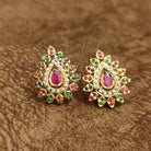 Navratna Ruby Pear Stud Earrings Temple Style Artificial Jewellery by Sanvi Jewels