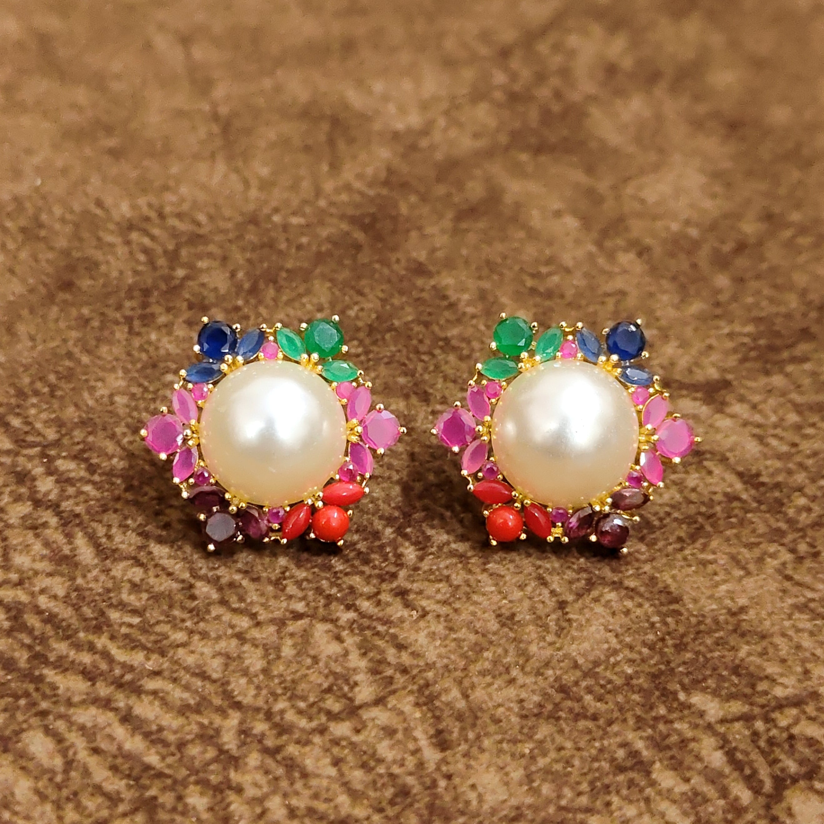 Navratna Pearl Floral Stud Earrings Multicolor Designer Artificial Jewellery by Sanvi Jewels