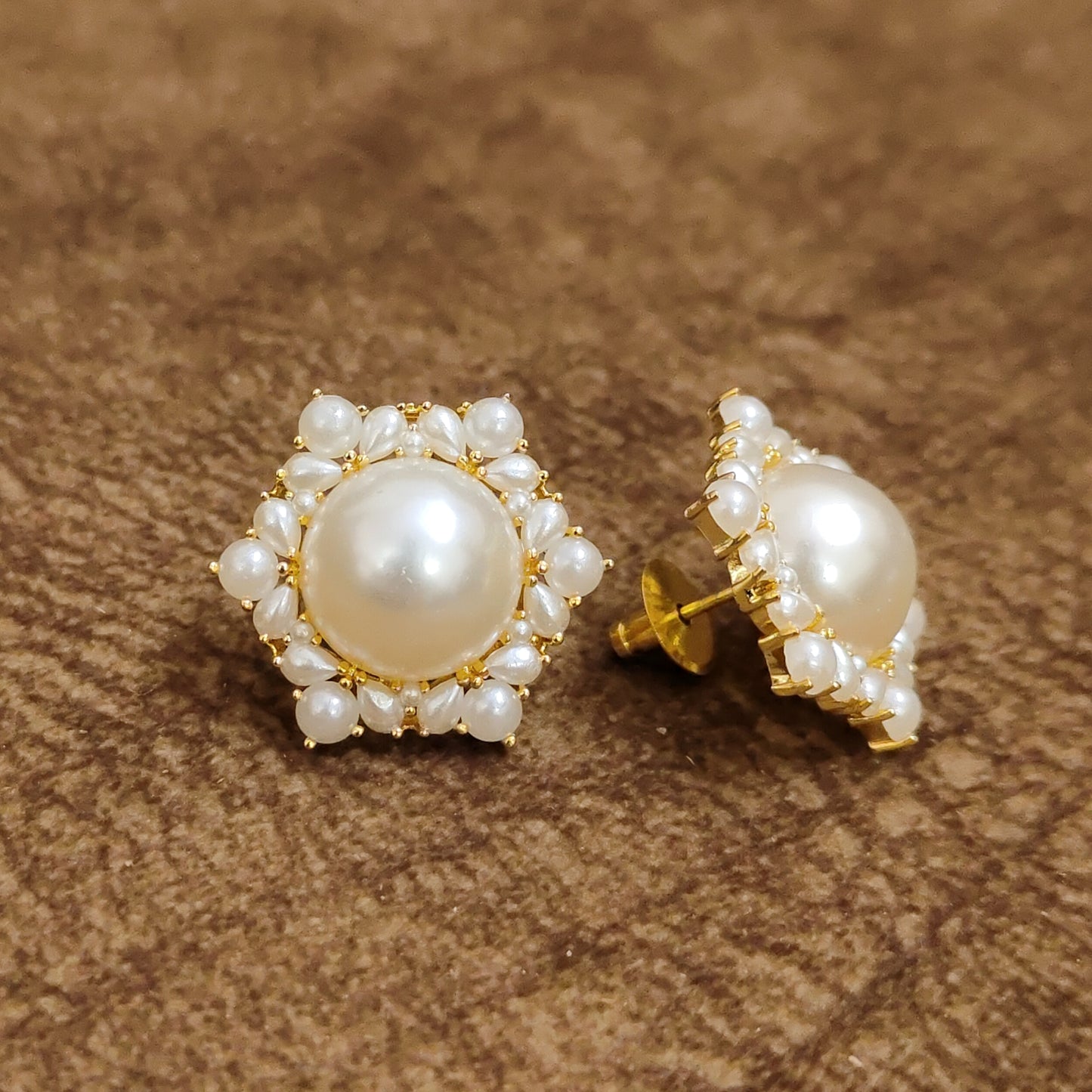 Classic Pearl Floral Stud Earrings – Elegant Designer Artificial Jewellery | Sanvi Jewels