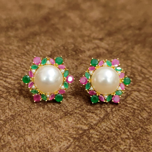 Navratna Pearl Floral Stud Earrings – Ruby Emerald Designer Artificial Jewellery | Sanvi Jewels
