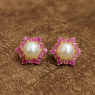 Ruby Pink Floral Pearl Stud Earrings Designer Artificial Jewellery by Sanvi Jewels