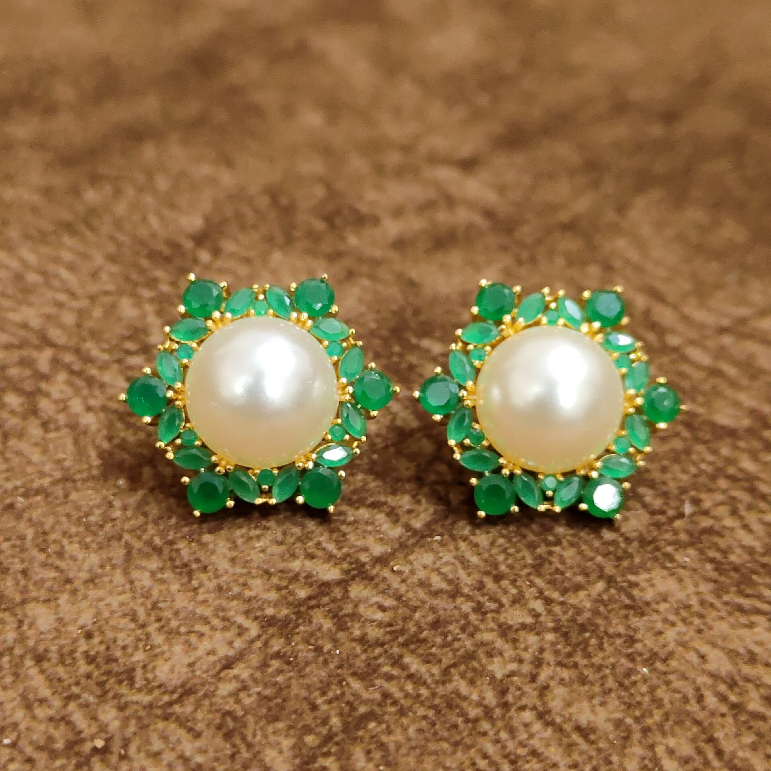 Emerald Green Floral Pearl Stud Earrings Designer Artificial Jewellery by Sanvi Jewels