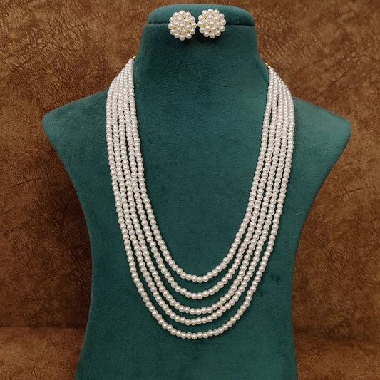 Multi-layer 5 line white pearl necklace set