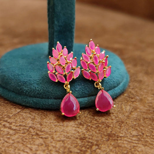 Blossom Ruby Drop Earrings – Gold-Plated Pink Stone Designer Studs