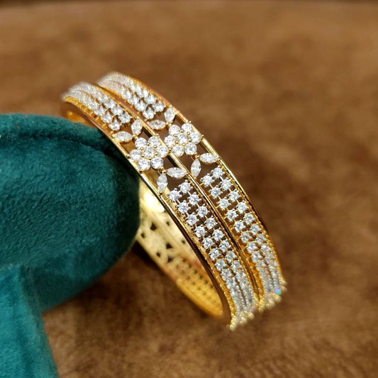 Floral Shine CZ Diamond Gold Bangles | 22kt Gold-Plated American Diamond Bangles for Women