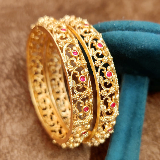 Anti-Tarnish Handcarved Ruby Bangles | 18kt Matt Gold Rajwadi Antique Polish Bangles for Women