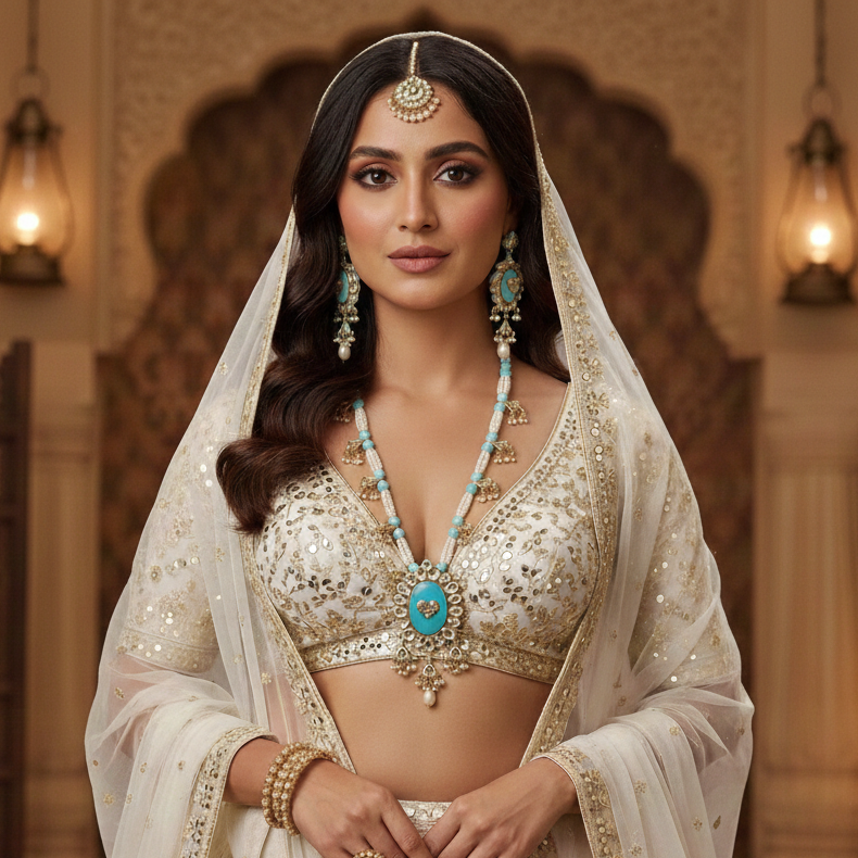 Aqua Pastel Kundan Pearl Mala Pendant Set Traditional Ethnic Jewellery by Sanvi Jewels