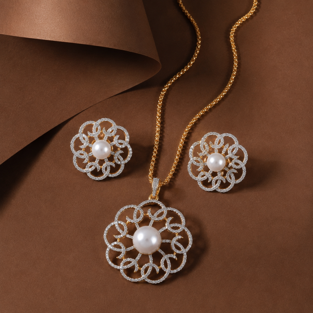 Pearl CZ Pendant Set – Styled Shot – Sanvi Jewels