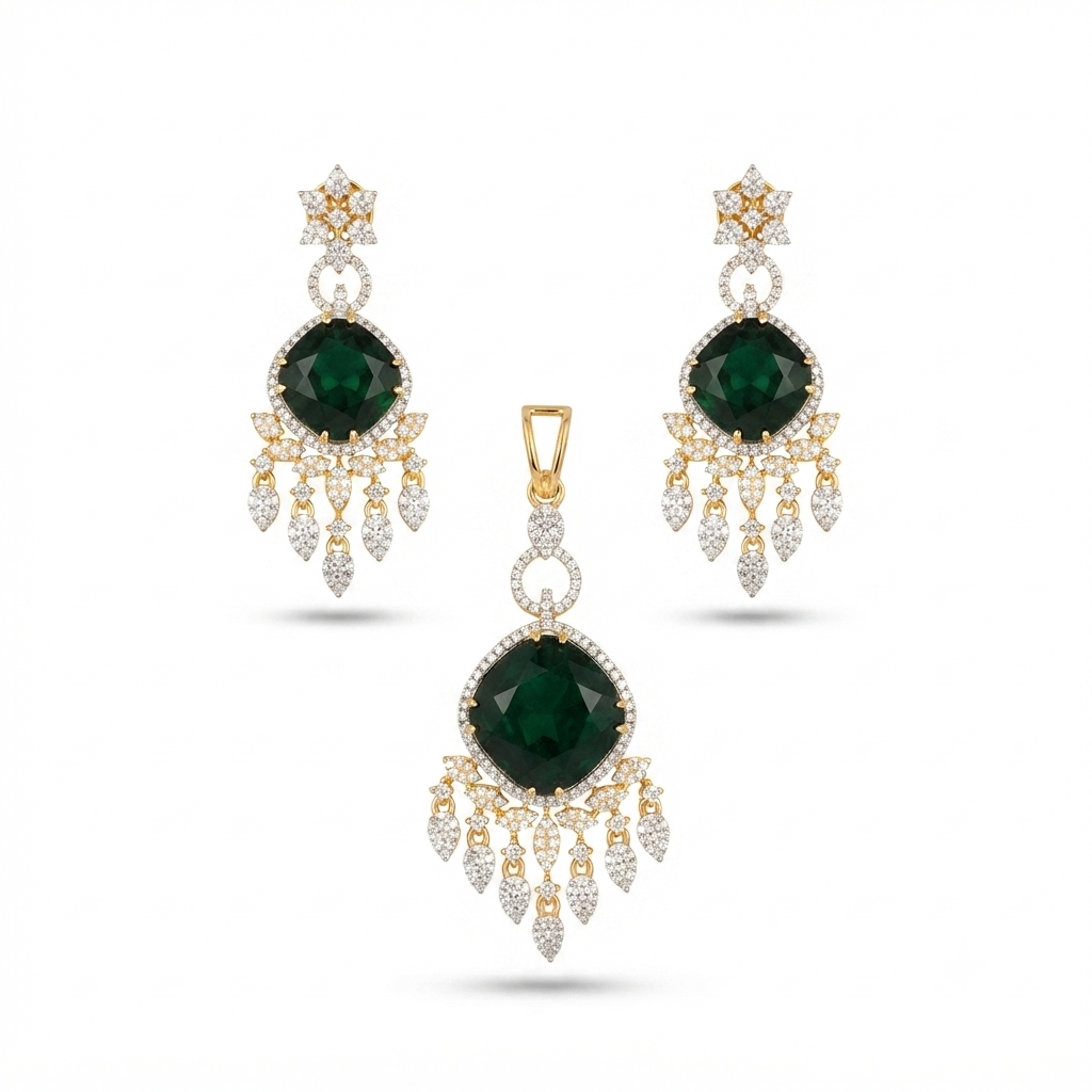 Emerald Cushion CZ Chandelier Pendant & Earring Set – Full Set View – Sanvi Jewels