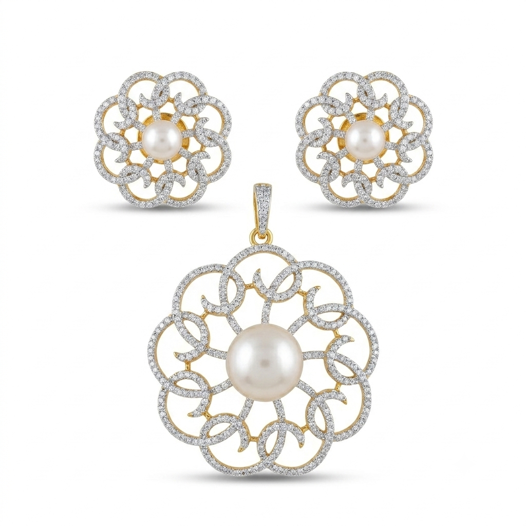 Pearl CZ Diamond Look Pendant Set – Lifestyle Shot – Sanvi Jewels