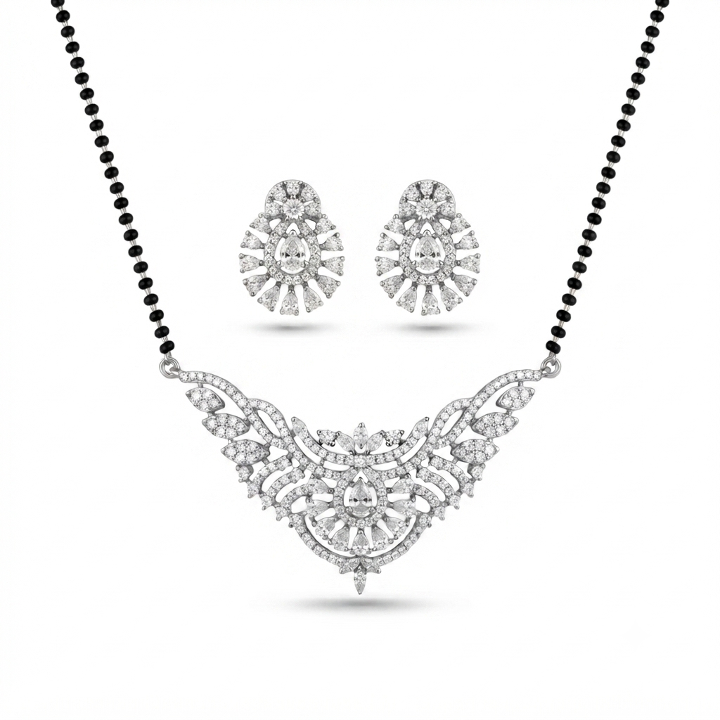 American Diamond Mangalsutra Set – Silver-Tone Variant – Sanvi Jewels