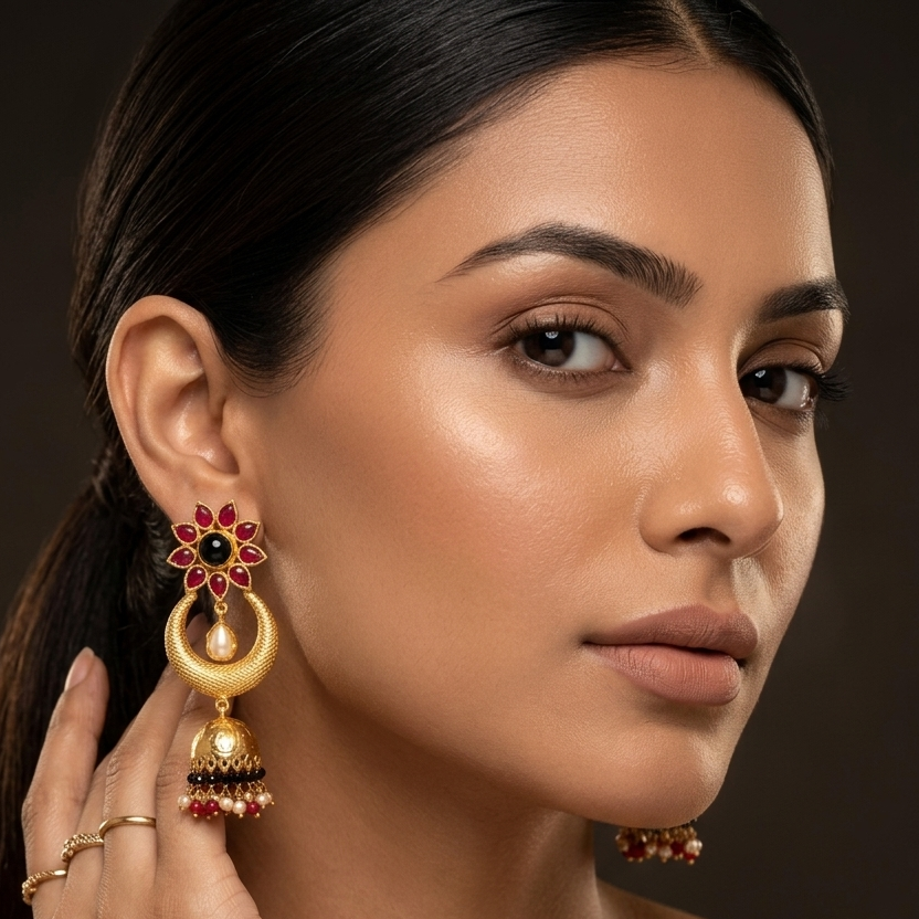 Multicolour Onyx Ruby Polki Jhumkas – Detail Shot – Sanvi Jewels