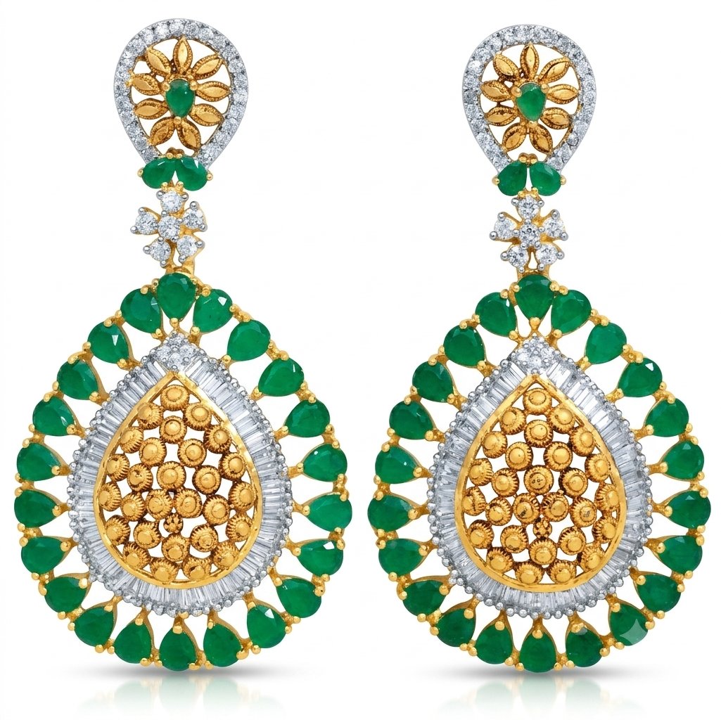 Antique Gold Green Onyx American Diamond Dangler Earrings – Model Shot – Sanvi Jewels