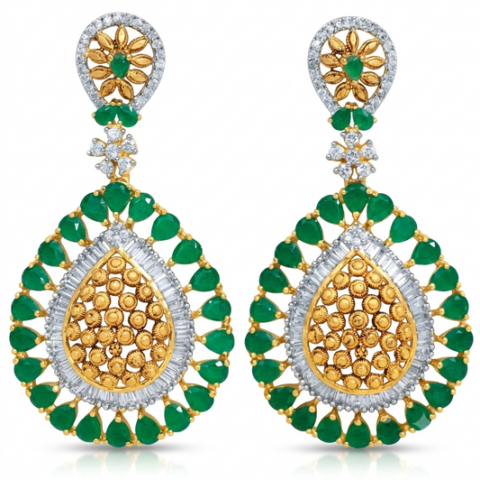 Antique Gold Green Onyx American Diamond Dangler Earrings – Model Shot – Sanvi Jewels