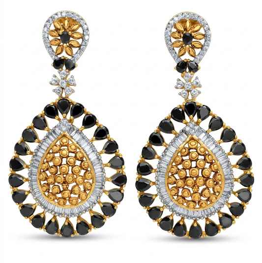 Antique Gold Black Onyx Dangler Earrings – Model Shot – Sanvi Jewels