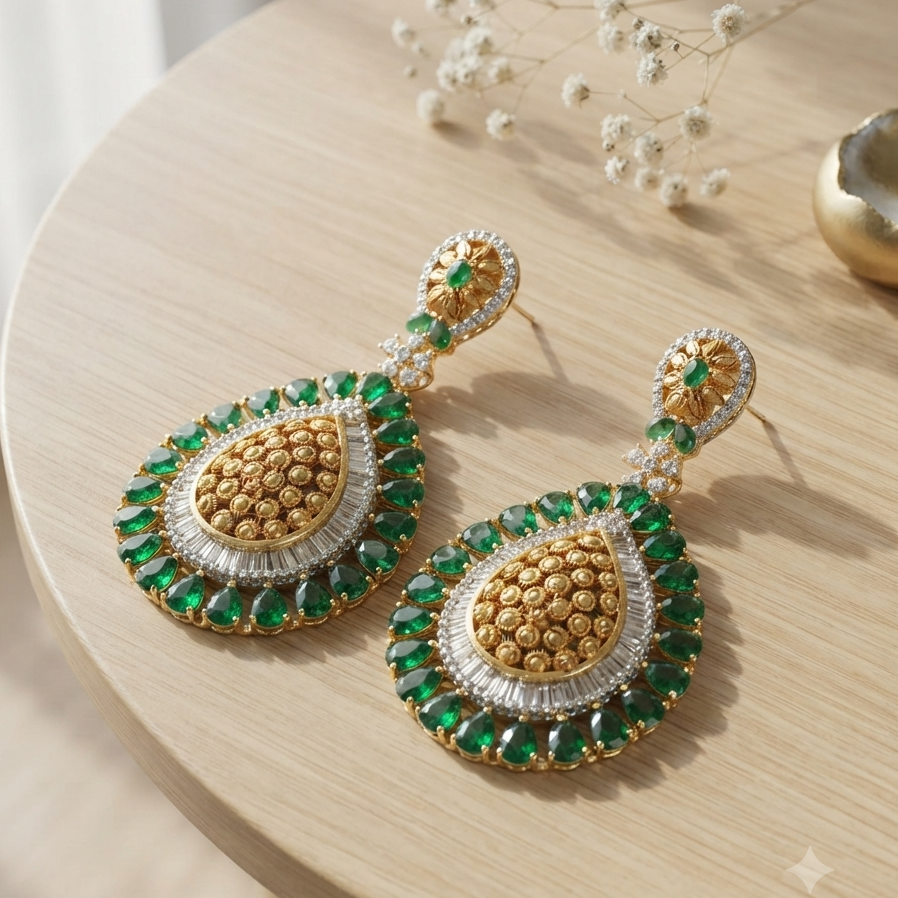 Green Onyx American Diamond Danglers – Antique Gold Bridal Earrings – Sanvi Jewels