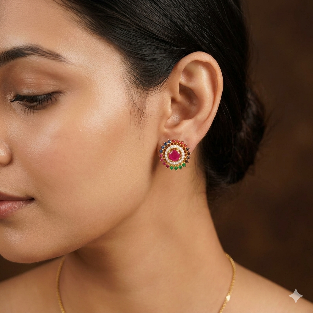 Close-up of a woman wearing colorful earrings with a blurred background