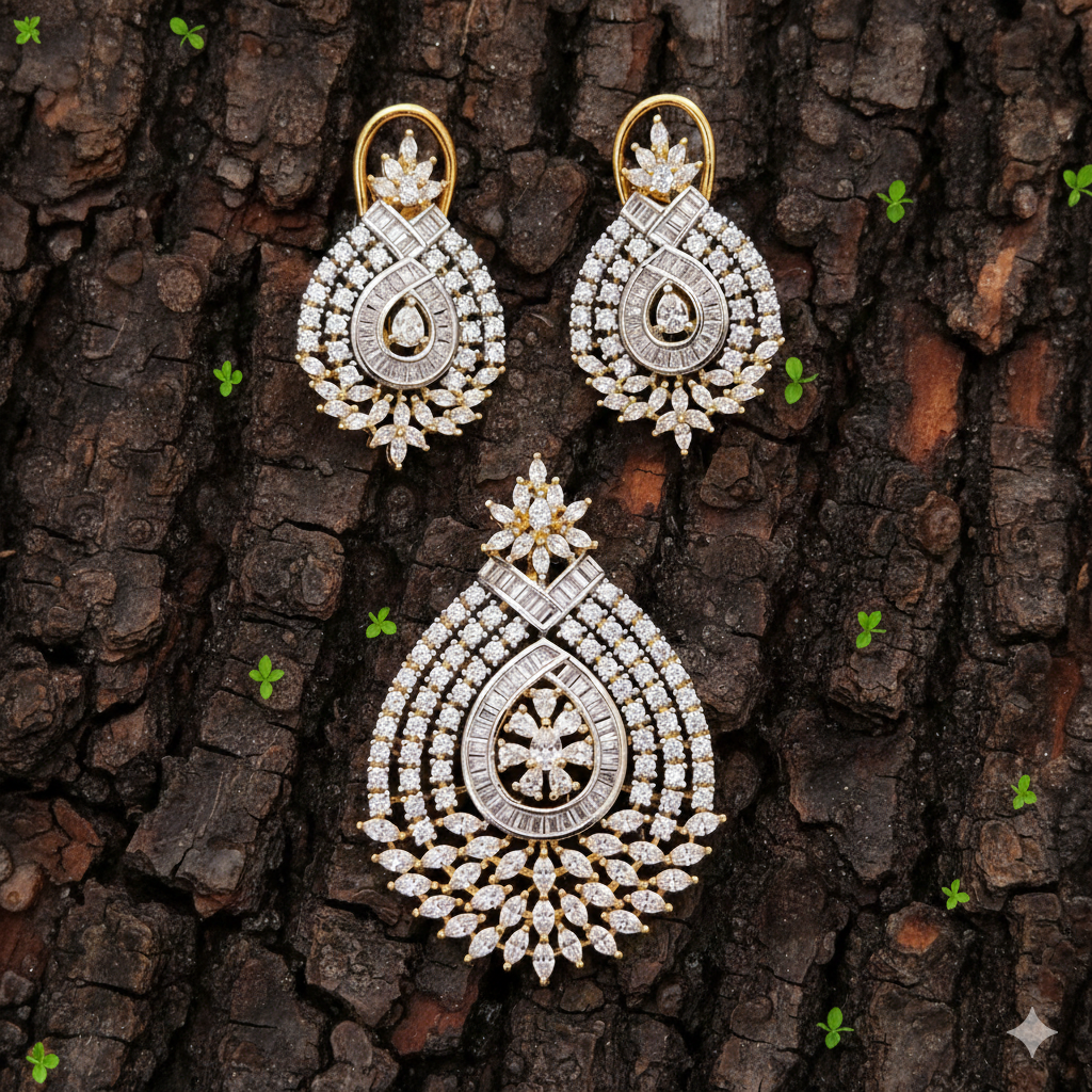 Luxury American Diamond Teardrop Pendant Set with Earrings by Sanvi Jewels