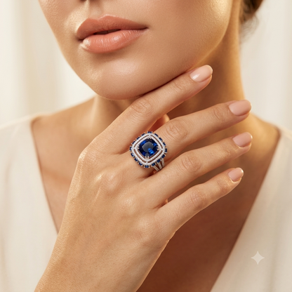 Royal Blue Sapphire CZ Statement Ring | Cushion-Cut Rhodium-Plated Cocktail Ring for Women