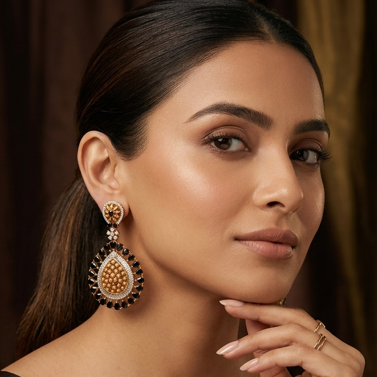 Black Onyx American Diamond Danglers – Antique Gold Finish – Sanvi Jewels