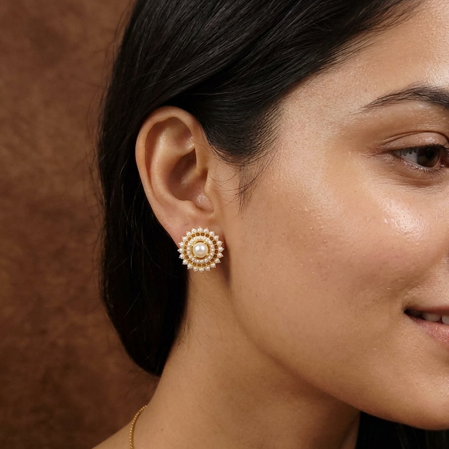 Classic Pearl Halo Stud Earrings Designer Artificial Jewellery by Sanvi Jewels