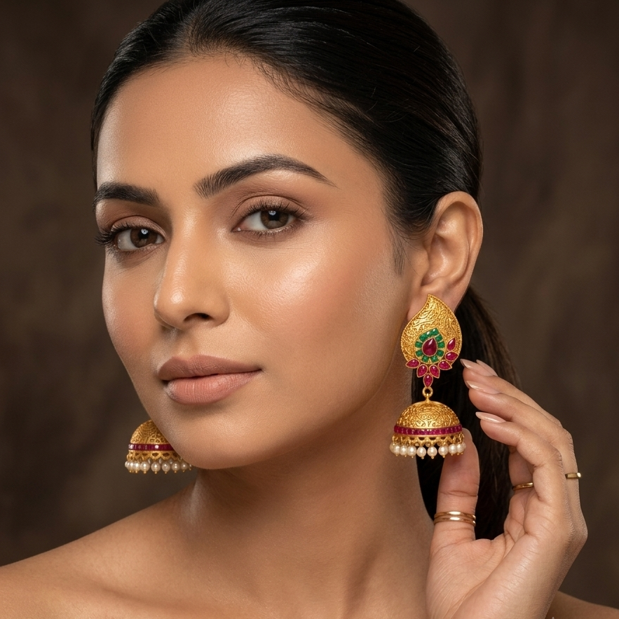 Multicolour Ruby Polki Paisley Jhumki – Detail Shot – Sanvi Jewels