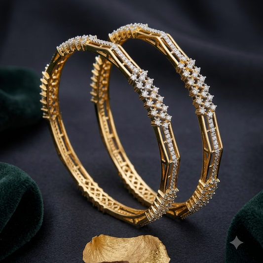 Geometric CZ Floral Cluster Gold Bangles | 22kt Gold-Plated American Diamond Bangles (Pair)