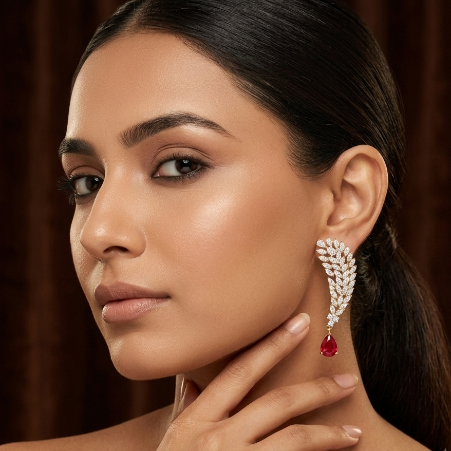 Ruby Zircon Dangler Earrings – Gold Polished Silver Alloy – Sanvi Jewels