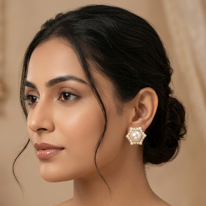 Classic Pearl Floral Stud Earrings – Elegant Designer Artificial Jewellery | Sanvi Jewels