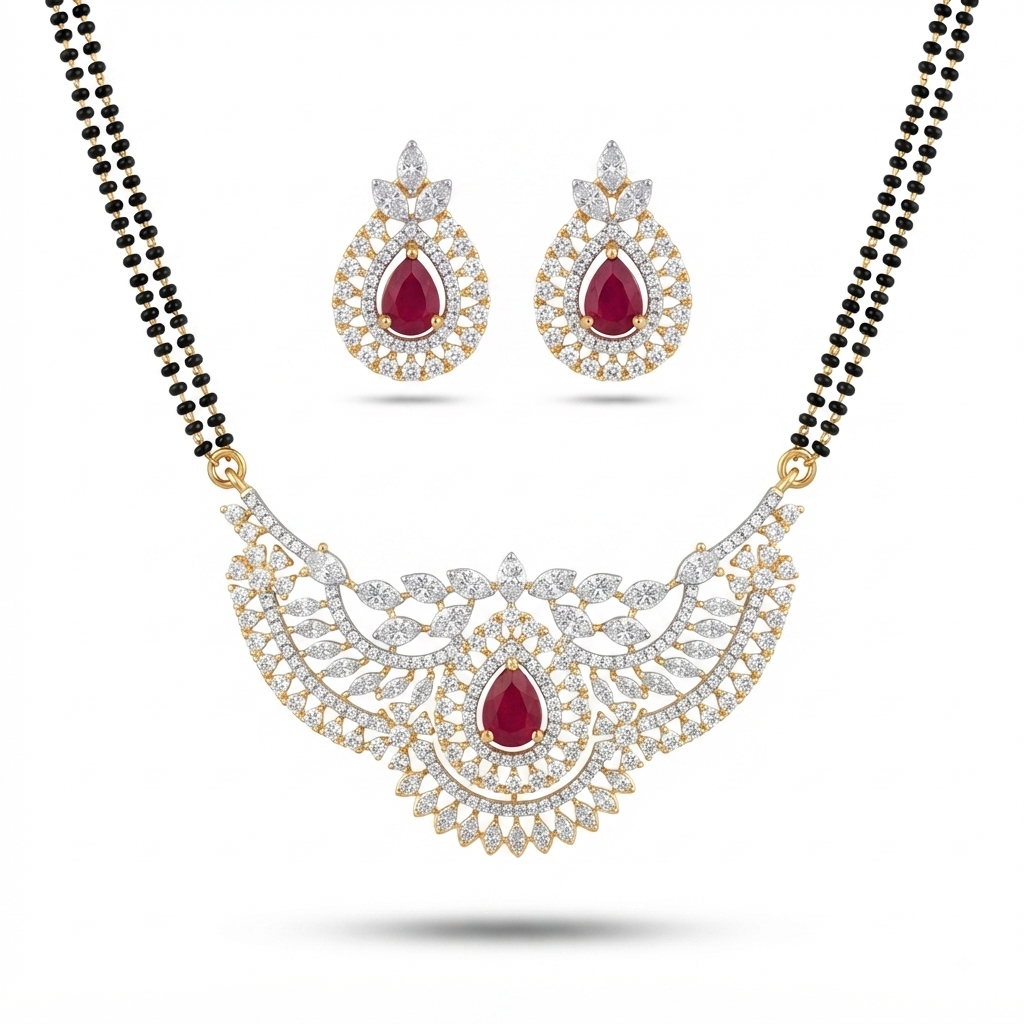 Ruby American Diamond Mangalsutra – Red Stone Pendant – Sanvi Jewels