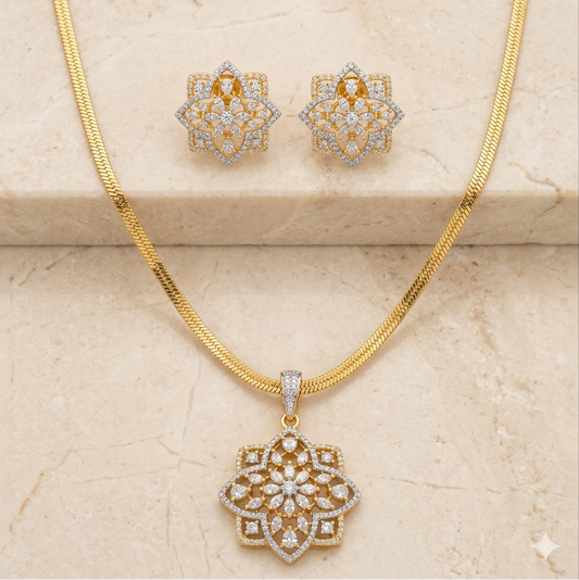 Royal American Diamond Pendant Set with Gold-Plated Chain | Bridal Imitation Jewellery for Women
