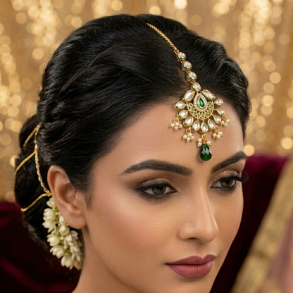 Kundan Green Stone Maang Tikka with Pearl Drops – Bridal Traditional Head Jewelry