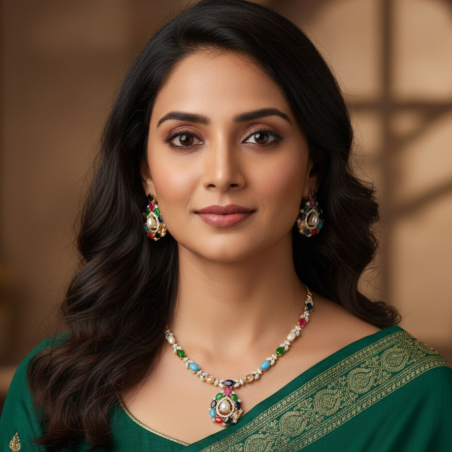 Navratna Pearl Teardrop CZ Necklace Set