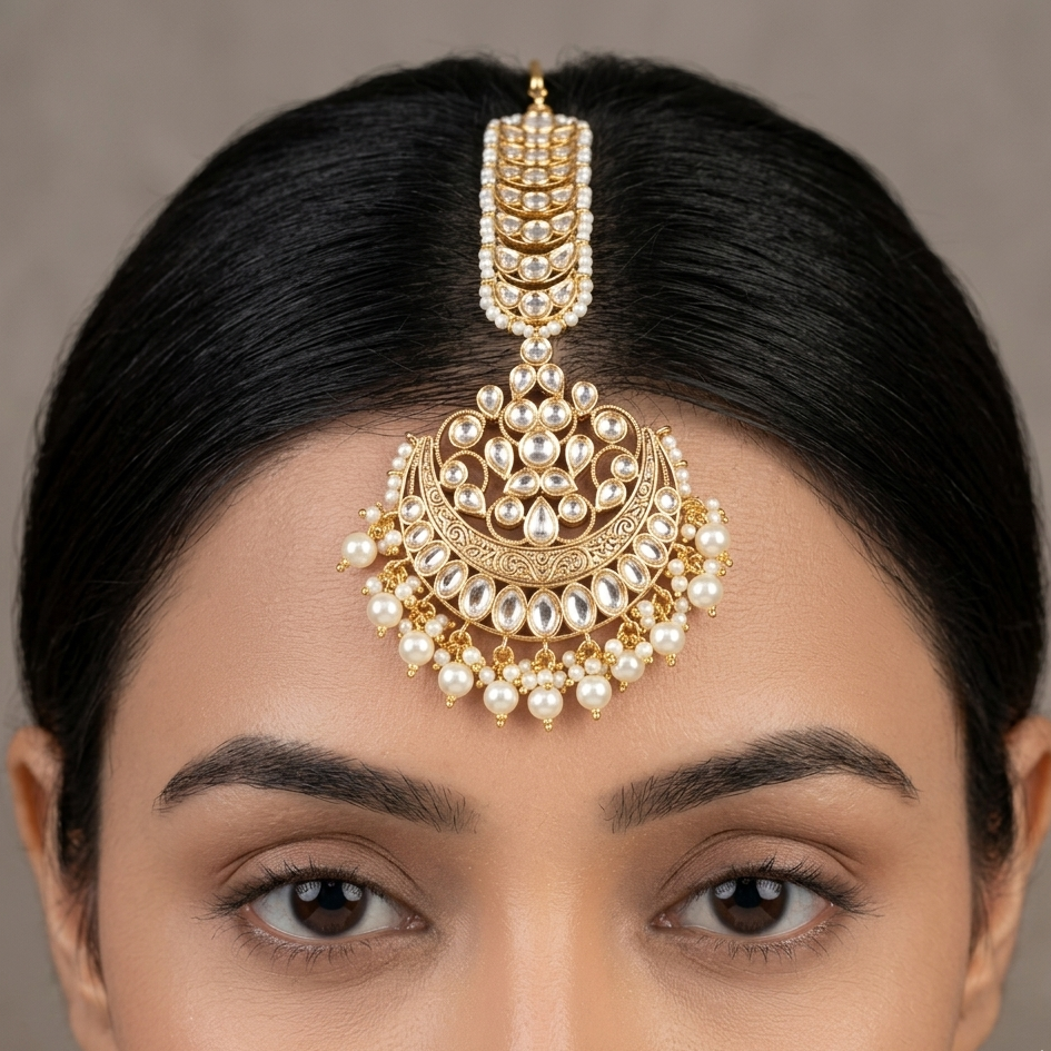 Kundan Pearl Chand Maang Tikka – Bridal Crescent Head Jewelry with Polki Design