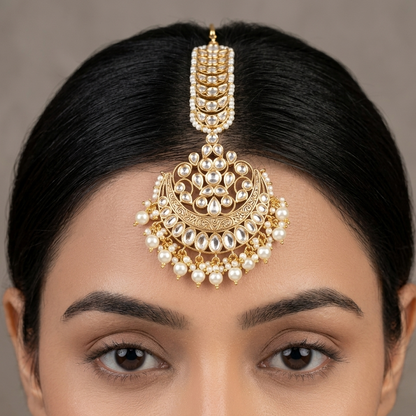 Kundan Pearl Chand Maang Tikka – Bridal Crescent Head Jewelry with Polki Design