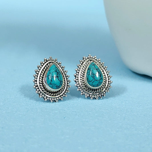 Elegant Teardrop Turquoise 92.5 Sterling Silver Stud Earrings for Women