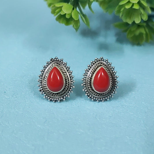 REAL CORAL 92.5 Sterling Silver Stud Earrings
