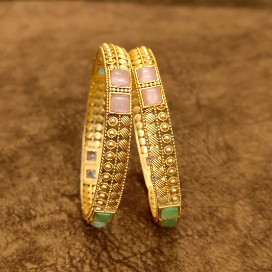 Heritage Glow Pink & Mint Stone-Studded Gold Bangles | 22kt Gold-Plated Ethnic Bangles for Women