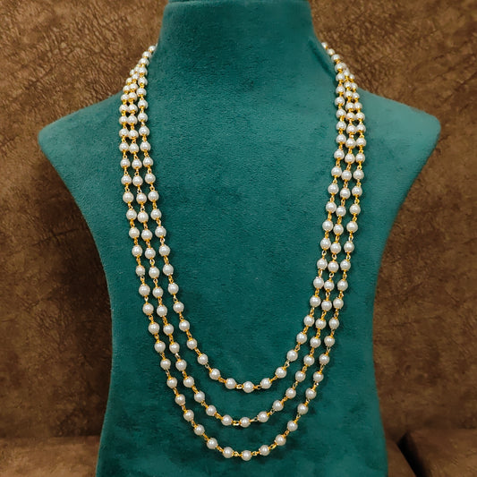 Classic Triple-Strand Pearl & Gold Beaded Necklace